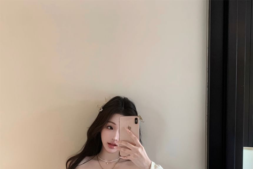 Fit Slim Rise Top / Off-Shoulder Panel Crop Pencil Floral Long-Sleeve Lace Skirt Accent Mini High