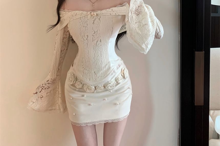 Fit Slim Rise Top / Off-Shoulder Panel Crop Pencil Floral Long-Sleeve Lace Skirt Accent Mini High