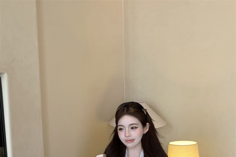 Rise Pencil Sleeve High Neck Plain Mini Skirt Satin Long / Tie Blouse