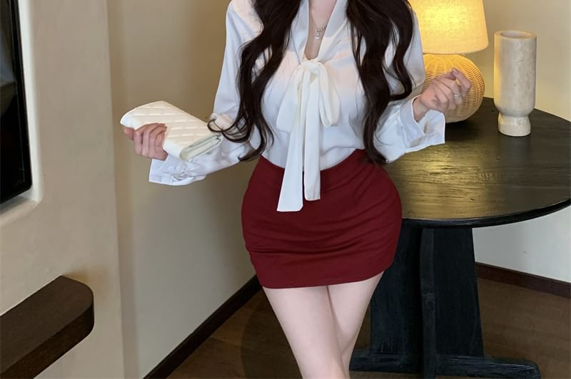 Rise Pencil Sleeve High Neck Plain Mini Skirt Satin Long / Tie Blouse