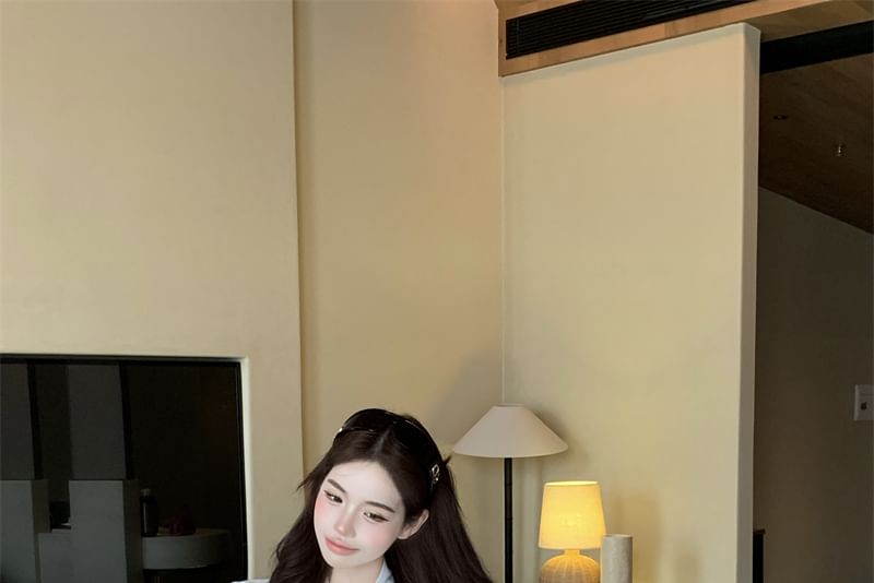 Rise Pencil Sleeve High Neck Plain Mini Skirt Satin Long / Tie Blouse