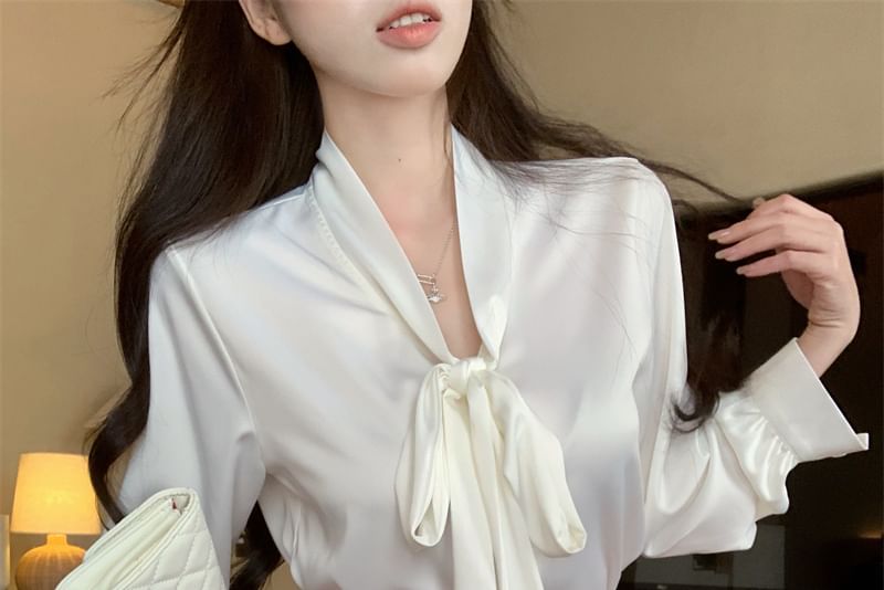 Rise Pencil Sleeve High Neck Plain Mini Skirt Satin Long / Tie Blouse