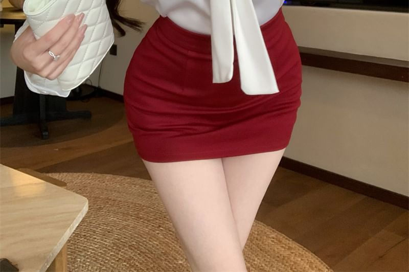 Rise Pencil Sleeve High Neck Plain Mini Skirt Satin Long / Tie Blouse