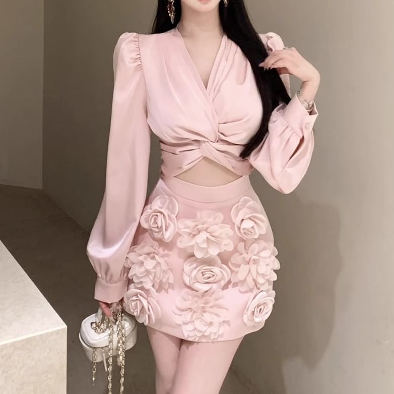 Sleeve Applique / Long Rise Ruched Mini Plain Blouse Pencil V-Neck Floral Skirt Crop High