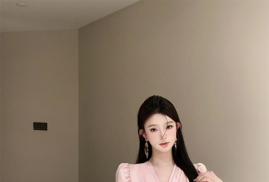 Sleeve Applique / Long Rise Ruched Mini Plain Blouse Pencil V-Neck Floral Skirt Crop High