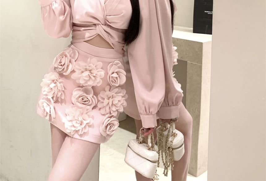 Sleeve Applique / Long Rise Ruched Mini Plain Blouse Pencil V-Neck Floral Skirt Crop High