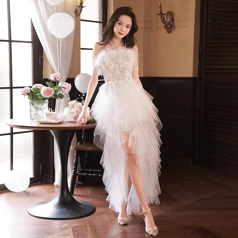 Strapless Sequin Fluffy Panel Mesh High Low A-Line Evening Gown