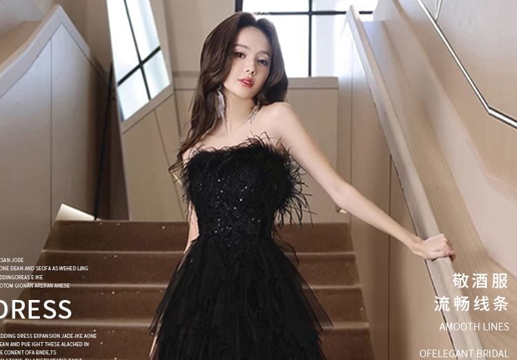 Strapless Sequin Fluffy Panel Mesh High Low A-Line Evening Gown