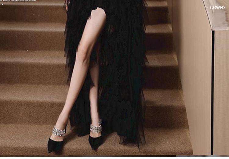 Strapless Sequin Fluffy Panel Mesh High Low A-Line Evening Gown