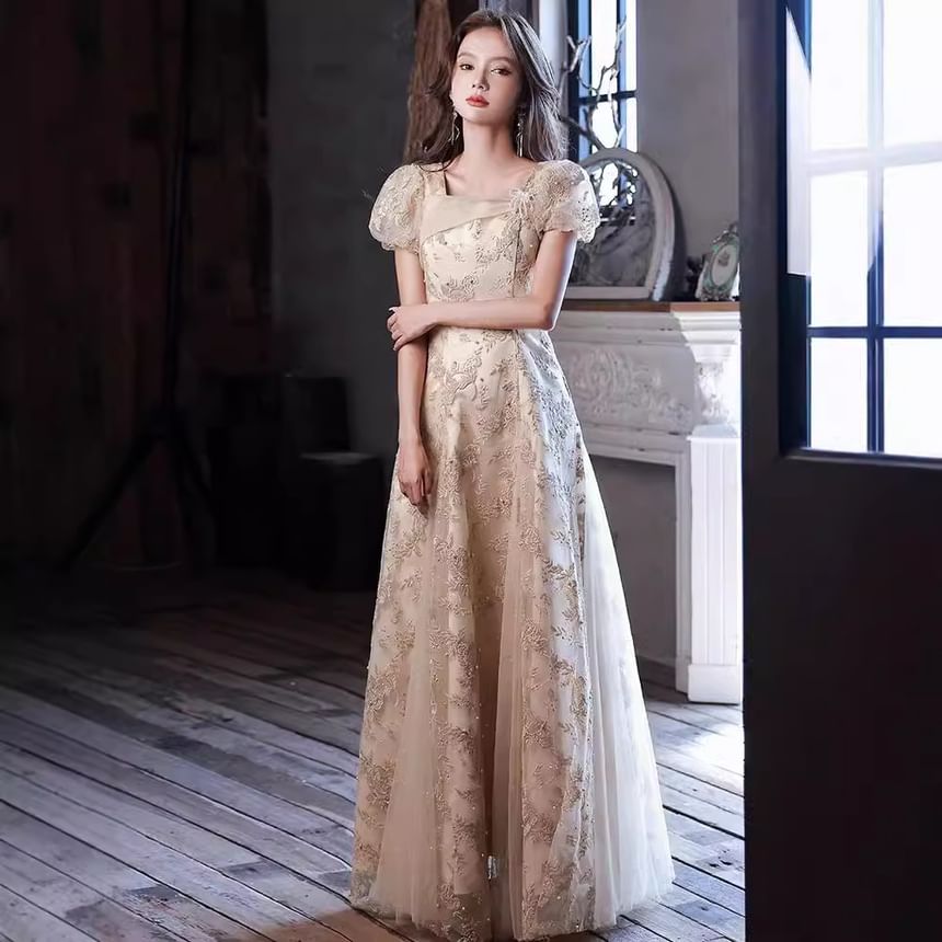 Puff-Sleeve Square Neck Floral Embroidered Sequin Faux Pearl A-Line Evening Gown