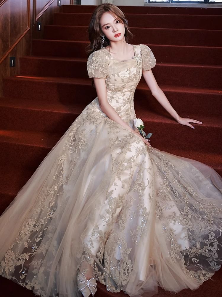 Puff-Sleeve Square Neck Floral Embroidered Sequin Faux Pearl A-Line Evening Gown