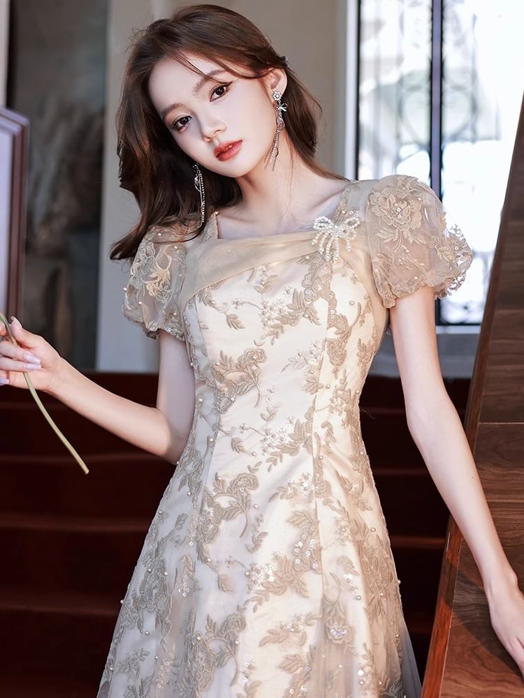 Puff-Sleeve Square Neck Floral Embroidered Sequin Faux Pearl A-Line Evening Gown