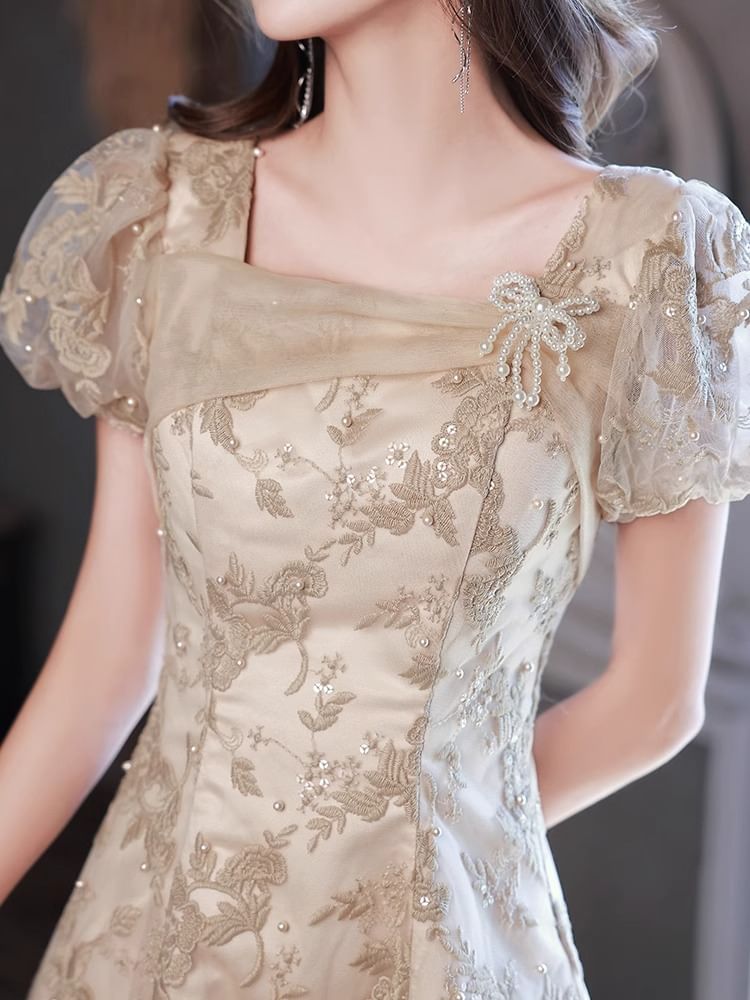 Puff-Sleeve Square Neck Floral Embroidered Sequin Faux Pearl A-Line Evening Gown