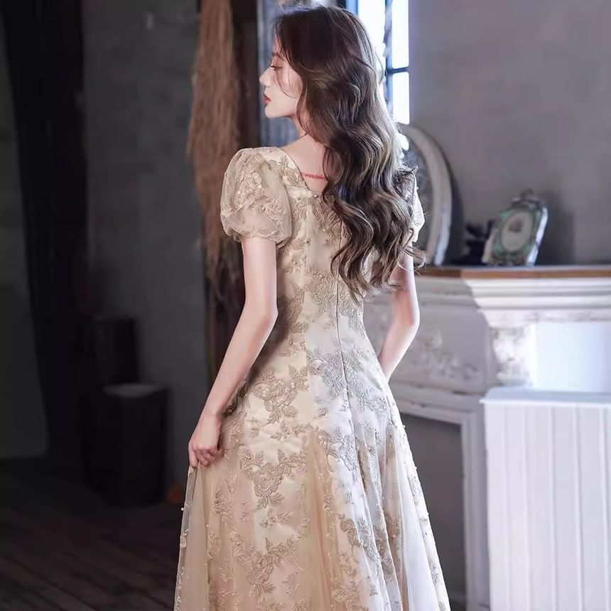 Puff-Sleeve Square Neck Floral Embroidered Sequin Faux Pearl A-Line Evening Gown