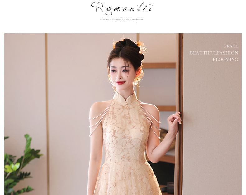 Collar Faux Neck Fringed Halter Floral Jacquard A-Line Evening Dress Pearl Stand