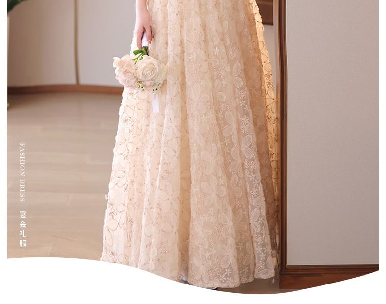 Collar Faux Neck Fringed Halter Floral Jacquard A-Line Evening Dress Pearl Stand