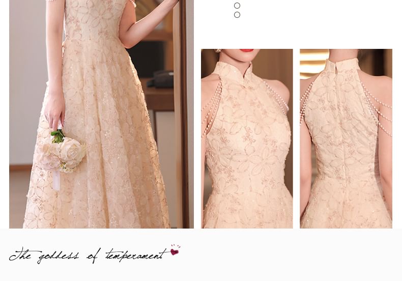 Collar Faux Neck Fringed Halter Floral Jacquard A-Line Evening Dress Pearl Stand