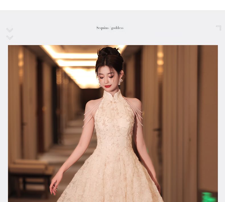 Collar Faux Neck Fringed Halter Floral Jacquard A-Line Evening Dress Pearl Stand