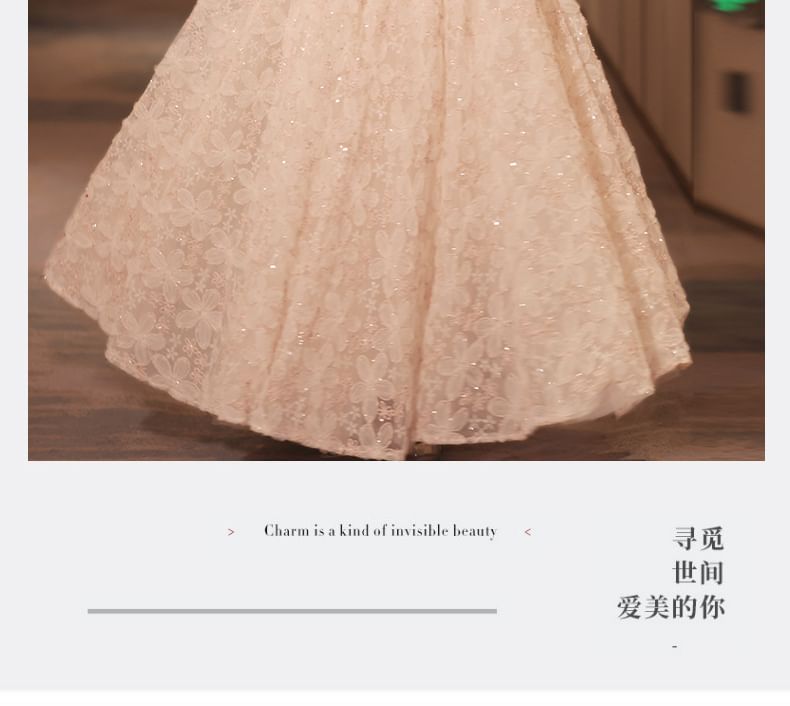 Collar Faux Neck Fringed Halter Floral Jacquard A-Line Evening Dress Pearl Stand