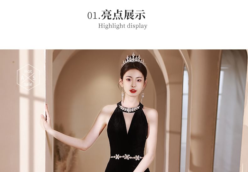 Neck Dress Rhinestone Accent Halter Evening Cutout Mermaid