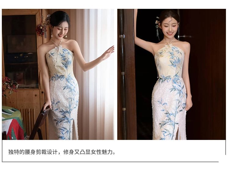 Slit Embroidered Dress Halter Evening Neck Bamboo Sequin Mermaid