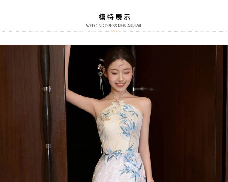 Slit Embroidered Dress Halter Evening Neck Bamboo Sequin Mermaid