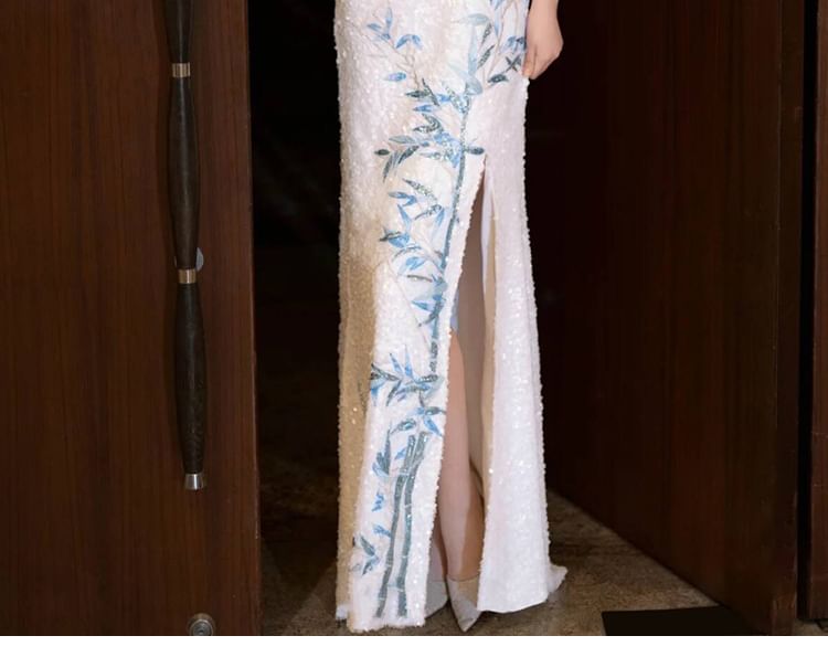 Slit Embroidered Dress Halter Evening Neck Bamboo Sequin Mermaid