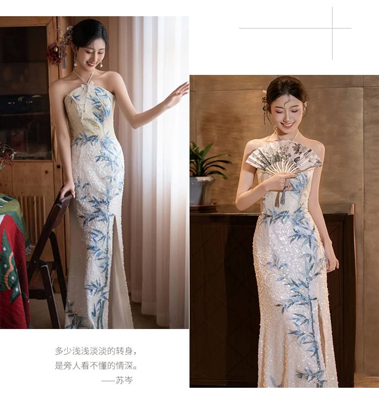 Slit Embroidered Dress Halter Evening Neck Bamboo Sequin Mermaid