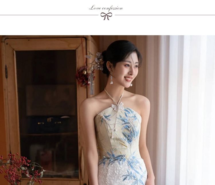 Slit Embroidered Dress Halter Evening Neck Bamboo Sequin Mermaid