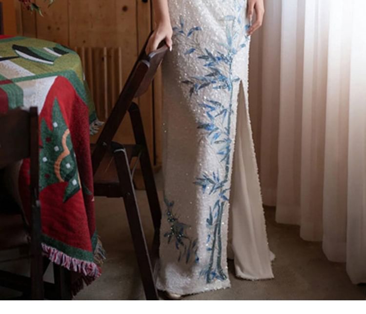 Slit Embroidered Dress Halter Evening Neck Bamboo Sequin Mermaid