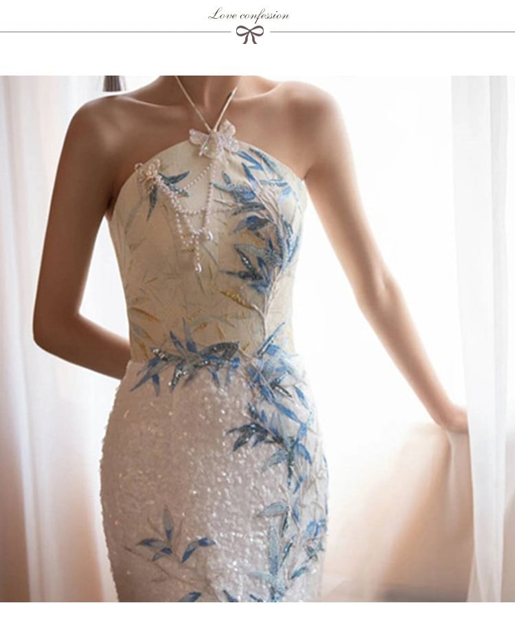 Slit Embroidered Dress Halter Evening Neck Bamboo Sequin Mermaid