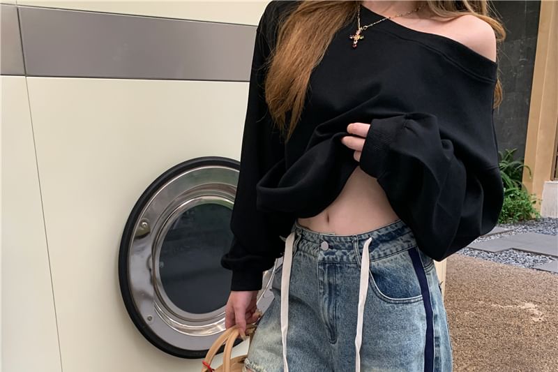 Off-Shoulder Pullover / Plain Contrast Waist Drawstring Trim