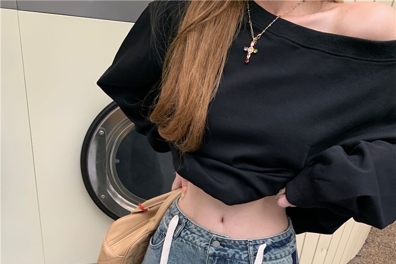 Off-Shoulder Pullover / Plain Contrast Waist Drawstring Trim