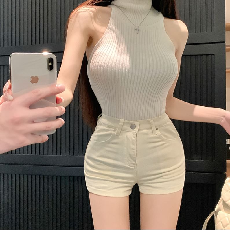 Waist Denim Plain Hot Pants High