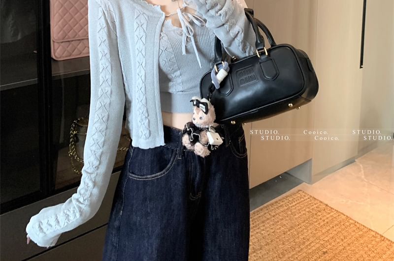 Sleeveless Plain Neck + Crop Cable Set: Top Scoop Cardigan Knit