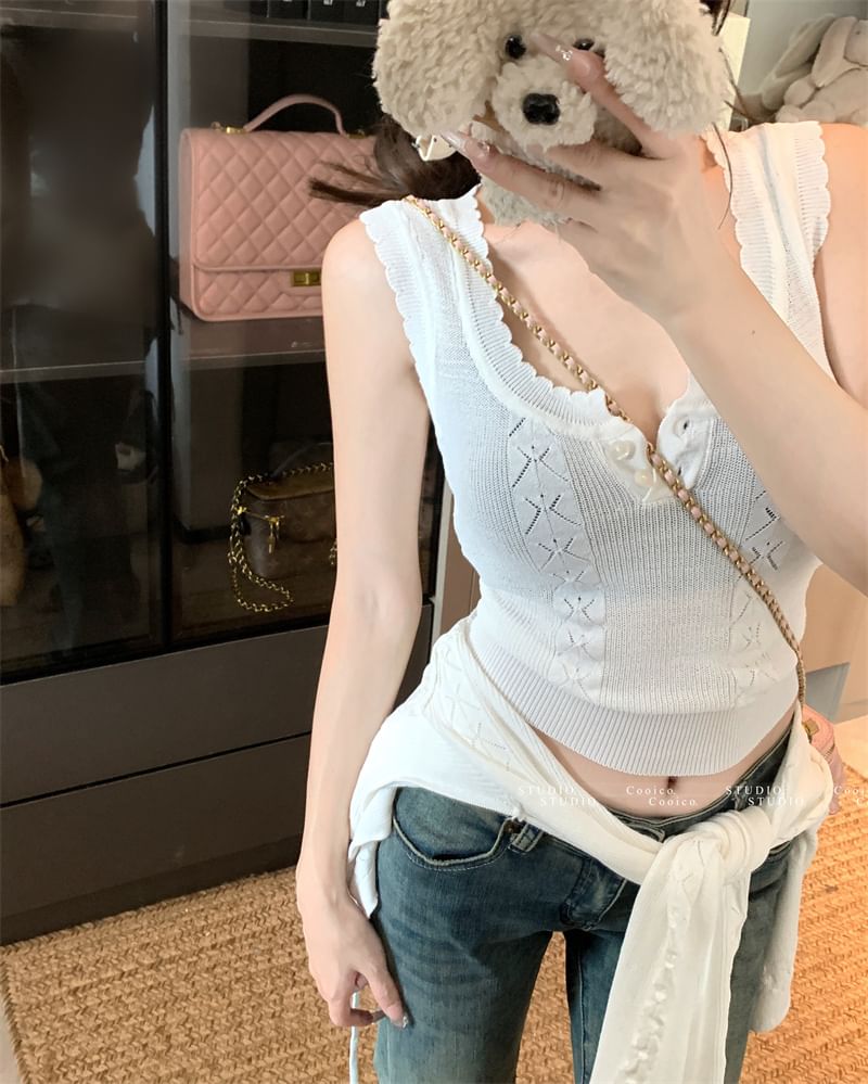 Sleeveless Plain Neck + Crop Cable Set: Top Scoop Cardigan Knit