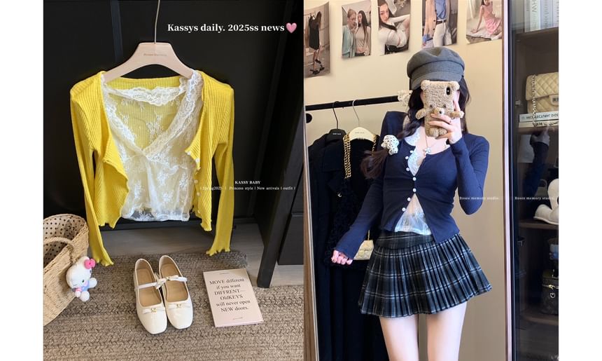 V-Neck Cardigan Ruffle Neck Scoop Top Trim Camisole / Lace Plain