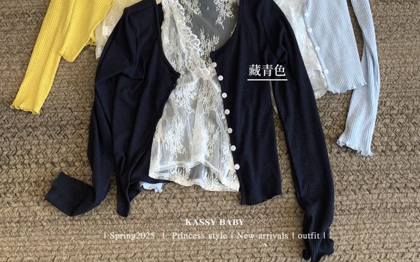 V-Neck Cardigan Ruffle Neck Scoop Top Trim Camisole / Lace Plain