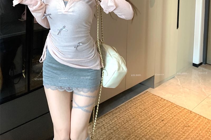 Mini Plain Neck Knit Spaghetti Long-Sleeve Lace / Bow Trim Dress Strap Scoop Top Bodycon