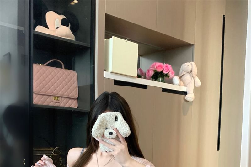 Mini Plain Neck Knit Spaghetti Long-Sleeve Lace / Bow Trim Dress Strap Scoop Top Bodycon