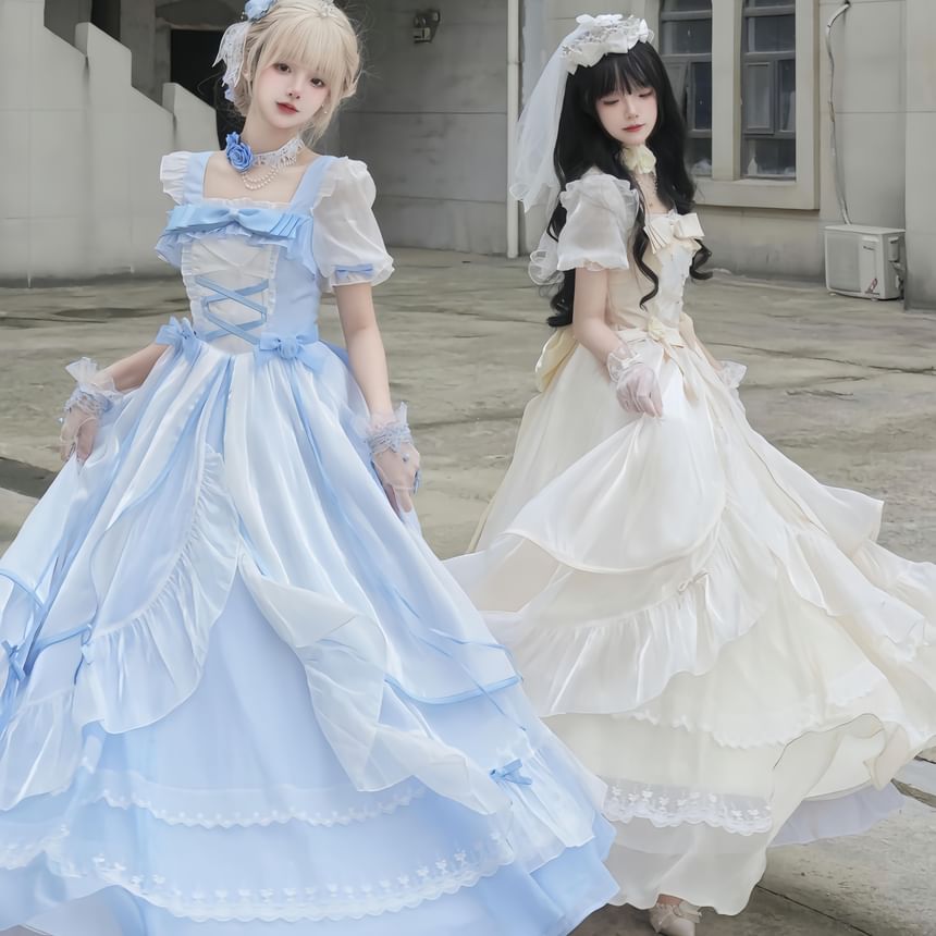 Short-Sleeve Ruffle Trim Mesh Panel Maxi A-Line Dress / Bow / Train / Set