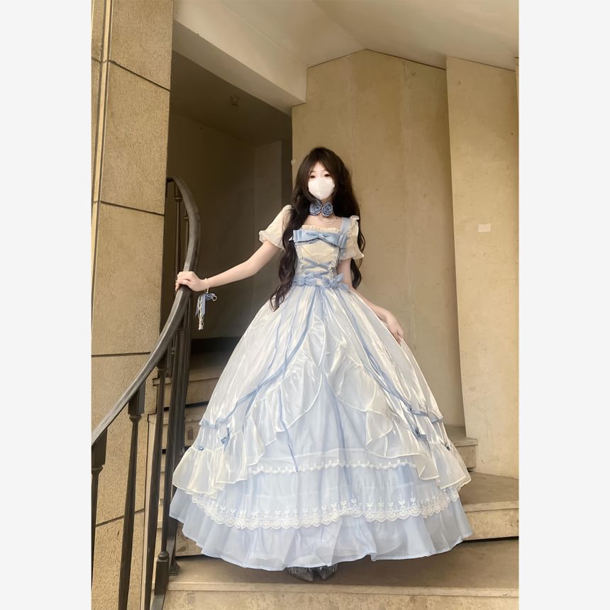 Short-Sleeve Ruffle Trim Mesh Panel Maxi A-Line Dress / Bow / Train / Set