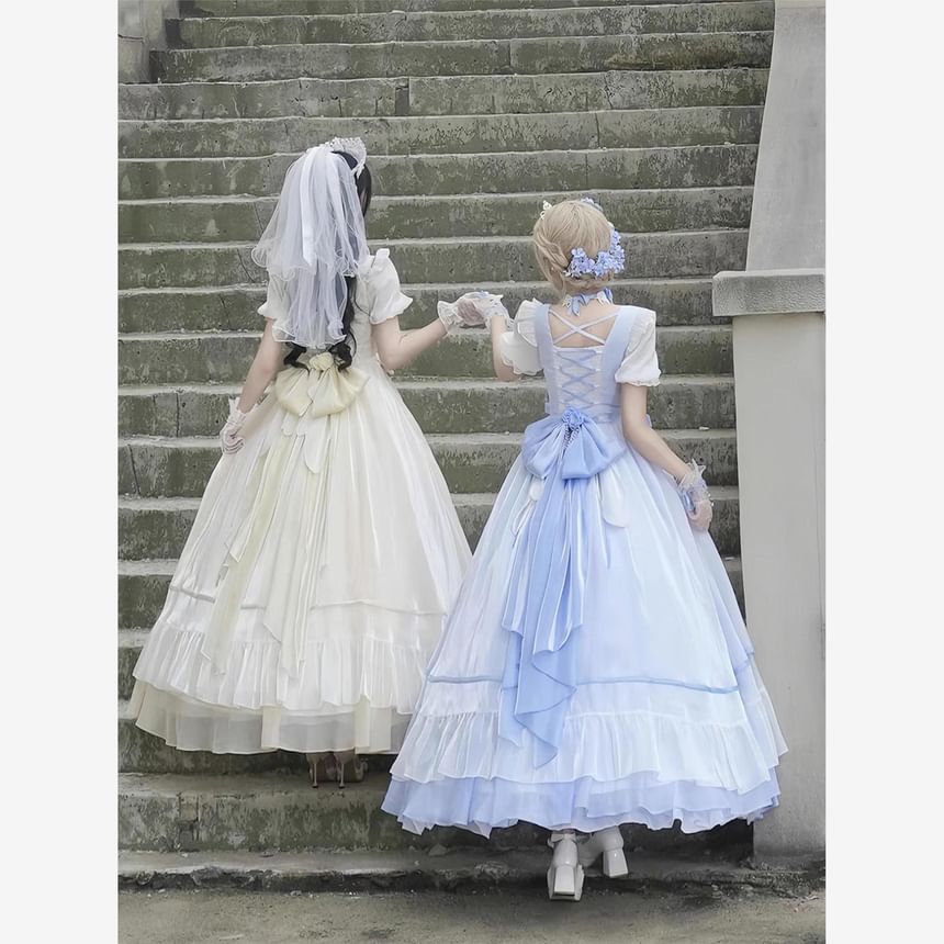 Short-Sleeve Ruffle Trim Mesh Panel Maxi A-Line Dress / Bow / Train / Set