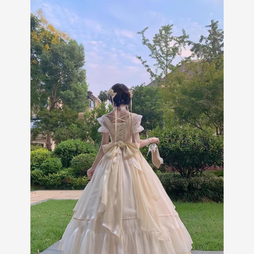 Short-Sleeve Ruffle Trim Mesh Panel Maxi A-Line Dress / Bow / Train / Set