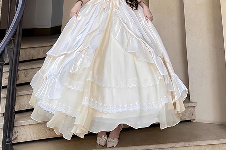 Short-Sleeve Ruffle Trim Mesh Panel Maxi A-Line Dress / Bow / Train / Set