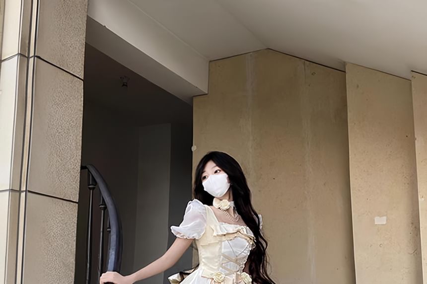 Short-Sleeve Ruffle Trim Mesh Panel Maxi A-Line Dress / Bow / Train / Set