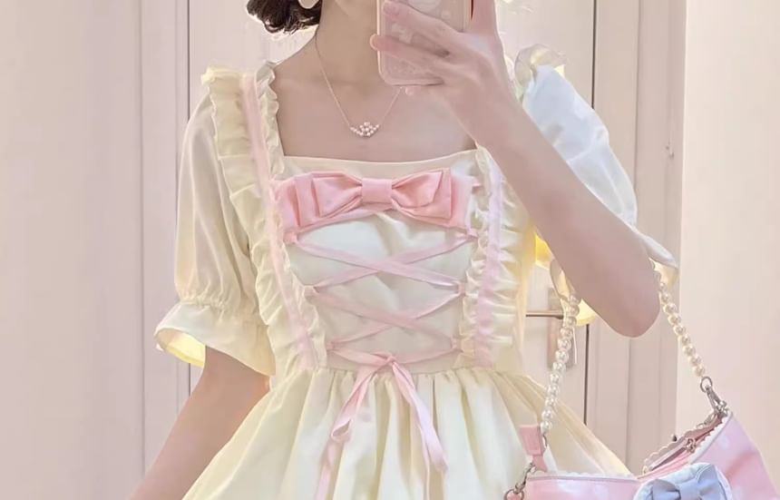 Short-Sleeve Criss Cross Bow Tiered Ruffle Trim A-Line Dress / Train / Petticoat Skirt / Set