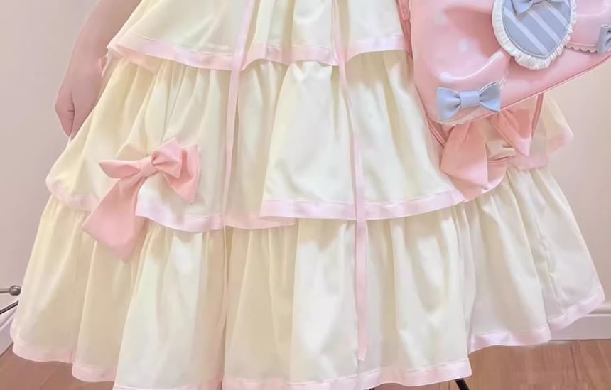 Short-Sleeve Criss Cross Bow Tiered Ruffle Trim A-Line Dress / Train / Petticoat Skirt / Set