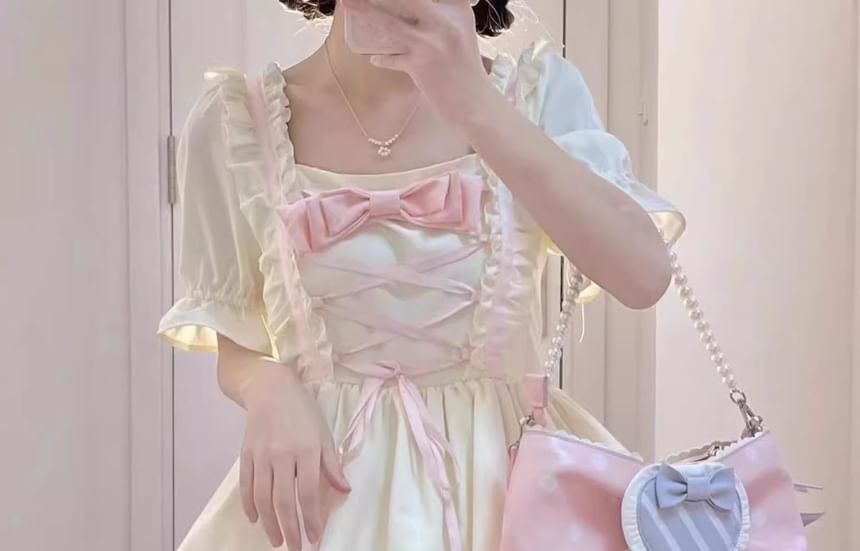 Short-Sleeve Criss Cross Bow Tiered Ruffle Trim A-Line Dress / Train / Petticoat Skirt / Set