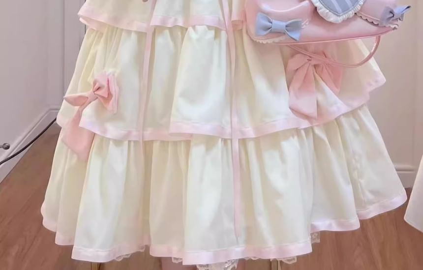 Short-Sleeve Criss Cross Bow Tiered Ruffle Trim A-Line Dress / Train / Petticoat Skirt / Set